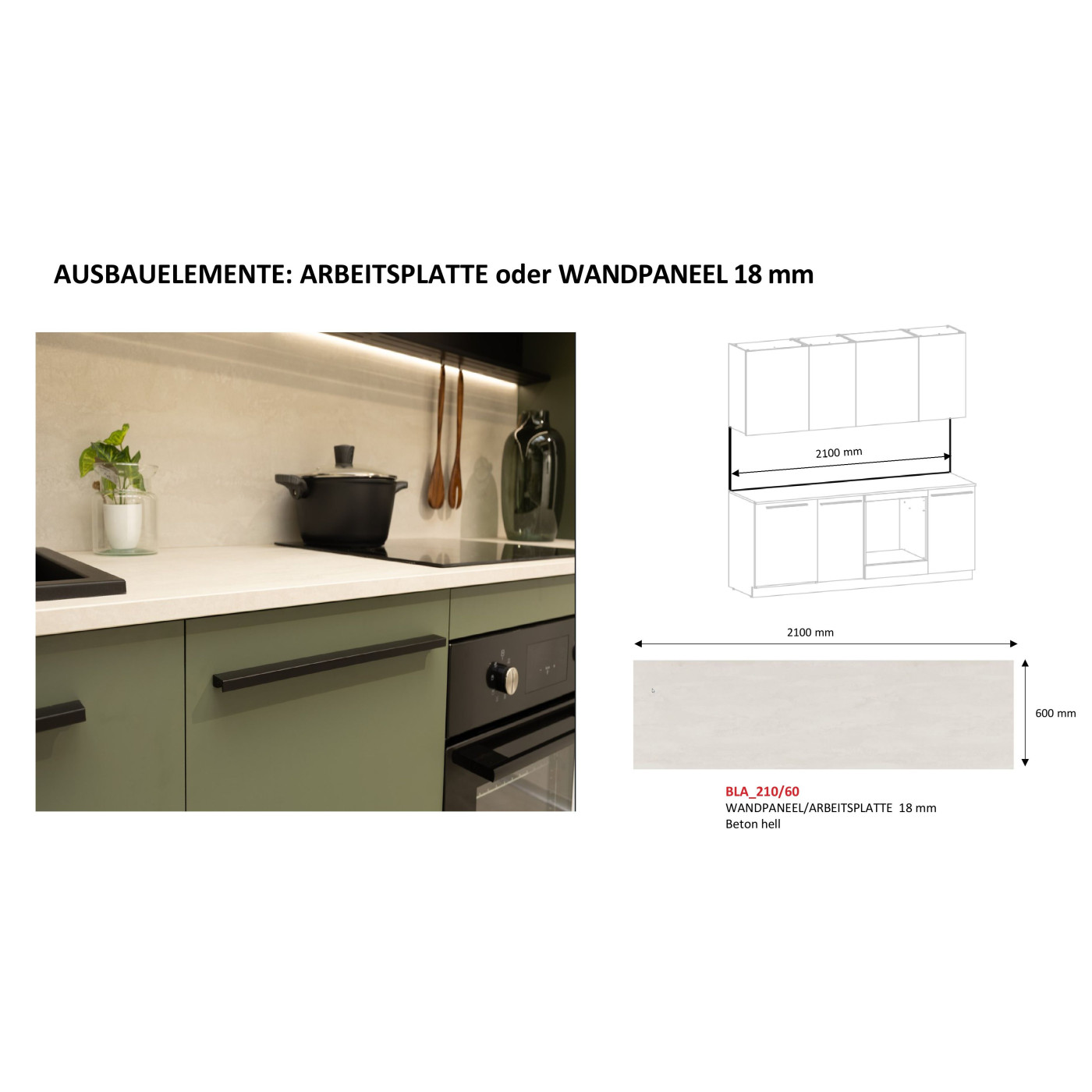 Arbeitsplatte oder Wandpaneel 210 cm beton hell