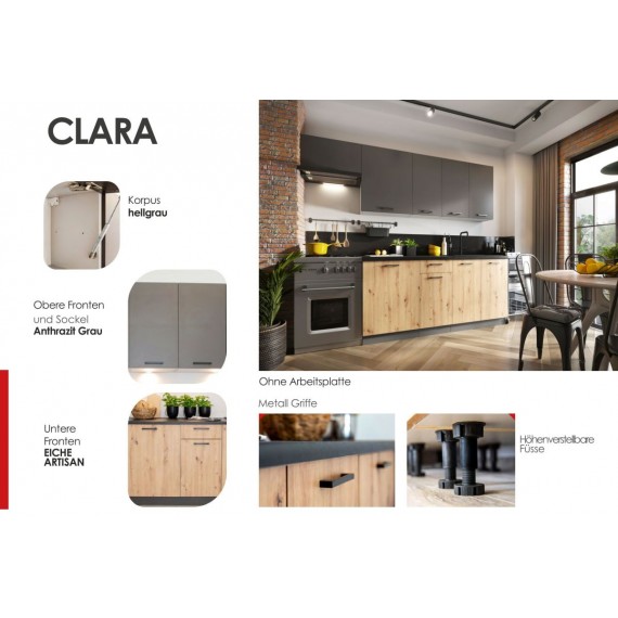 Küche Clara 240 cm erweiterbar Anthrazit grau Eiche Artisan