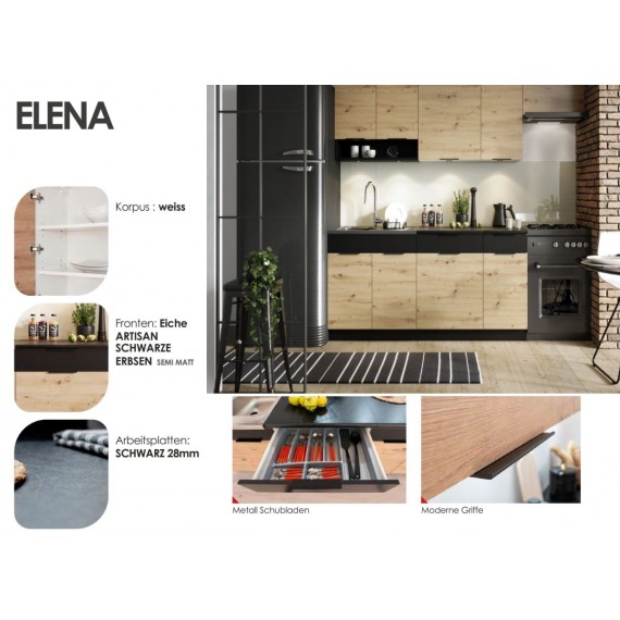 Küche Elena 240 cm Eiche Artisan schwarz mit Arbeitsplatten